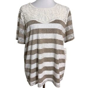 Alfred Dunner Brown White Floral Lace Top